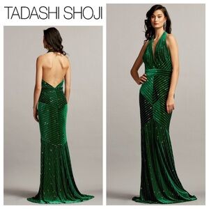 TADASHI SHOJI Reinie Diamanté Plunge Halter Gown